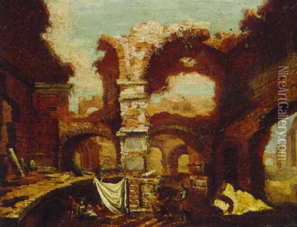 Peasants Amongst Classical Ruins Oil Painting - Leonardo Coccorante