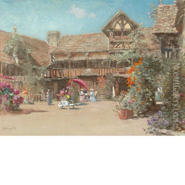 The Garden Courtyard At The Inn Of William The Conqueror Oil Painting - Francis Hopkinson Smith