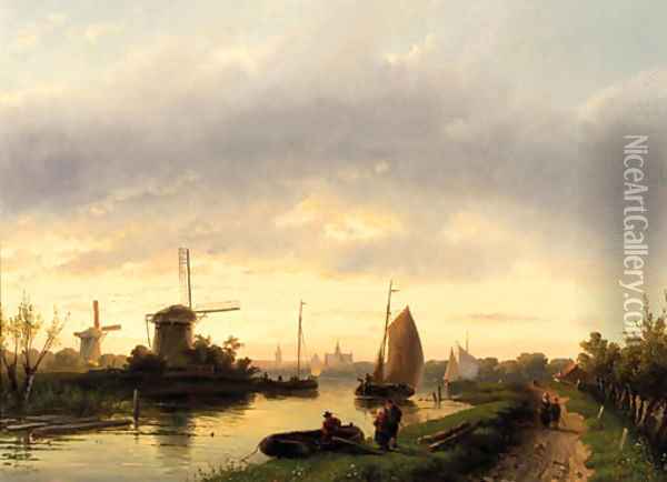 A river landscape at dusk, with Haarlem in the distance Oil Painting - Charles Henri Leickert