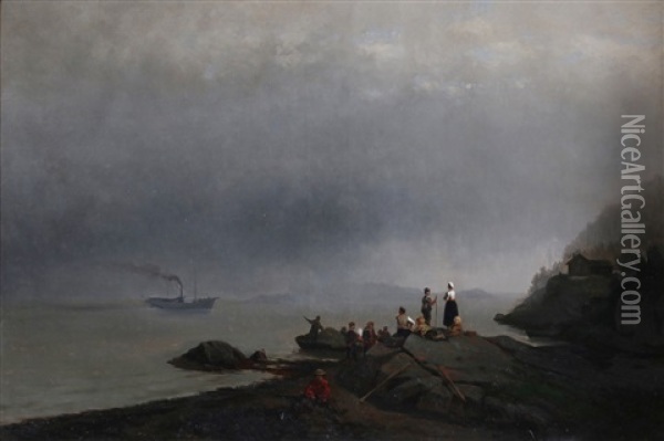 Folkelivsscene I Strandkanten Oil Painting - Niels Bjornsen Moller