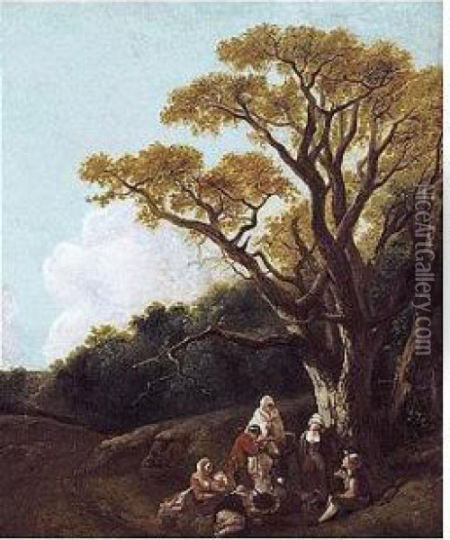 Wooded Landscape With Peasants 
And Donkey Round A Fire, Figures And Distant Church (the Gypsies) Oil Painting - Thomas Gainsborough