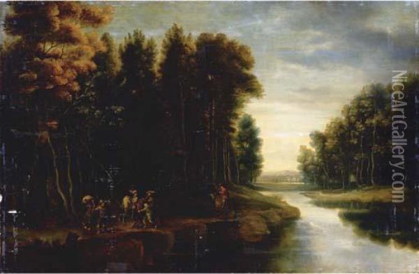 A Wooded River Landscape With Soldiers And Travellers On A Path Oil Painting - Jacques D Arthois