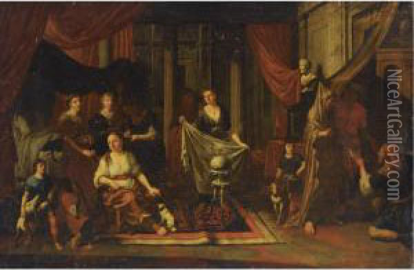 An Allegory With Vestal Virgins, Together With Servants And Dogs In A Classical Interior Oil Painting - Johann Heiss