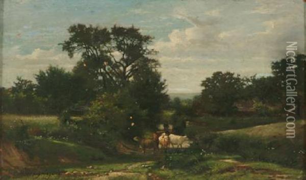 Driving Cattle In A Landscape Oil Painting - Henri-Joseph Harpignies