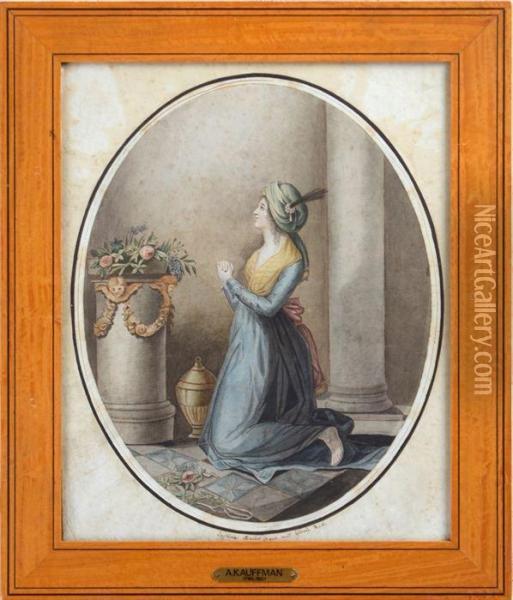 Portrait Of A Kneelingwoman Oil Painting - Angelica Kauffmann