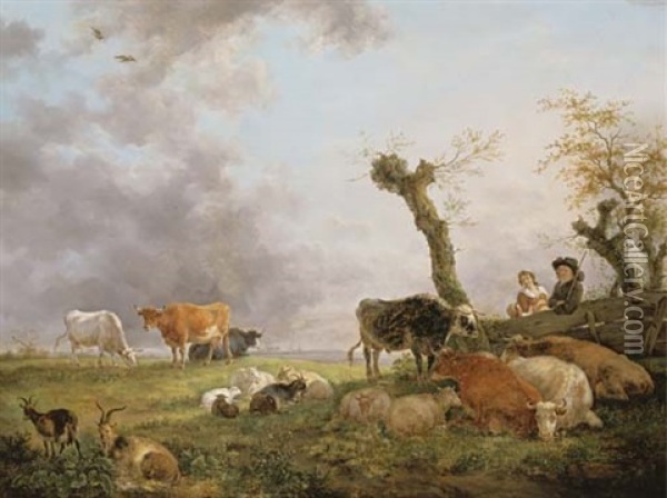 Landscape With Sheep, Cows, And Herdsmen Oil Painting - Jean-Baptiste De Roy