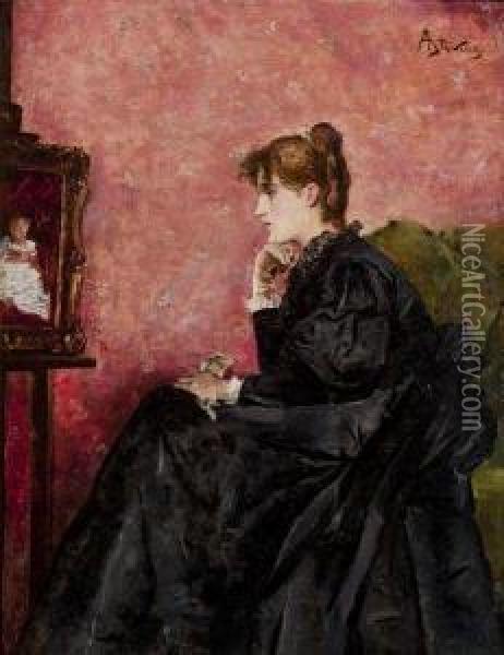 Jeune Femme Assise Devant Un Portrait D'enfant Oil Painting - Alfred Stevens