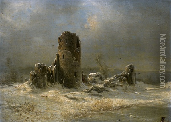 Ruine In Schneelandschaft Oil Painting - Georg Emil Libert