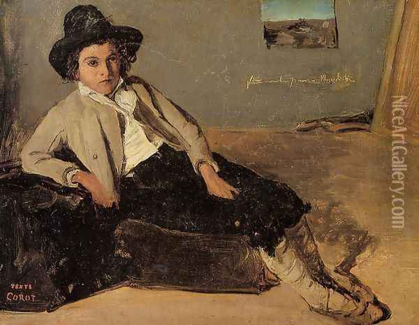 Italian Youth Sitting in Corot's Room in Room Oil Painting - Jean-Baptiste-Camille Corot