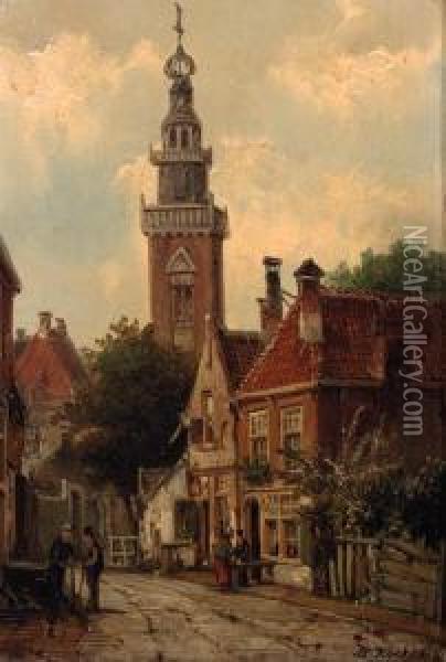 A View In A City With Villagers Conversing In A Street Oil Painting - Willem Koekkoek
