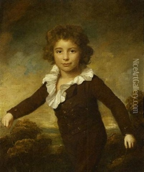 Portrait Of A Young Boy In A Brown Coat And Breeches, Holding A Skipping Rope In A Wooded Landscape Oil Painting - Lemuel Francis Abbott