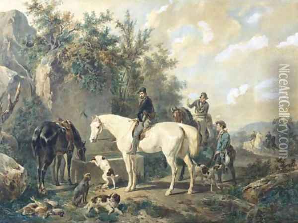 Taking a break horses watering after a hunt Oil Painting - Wouterus Verschuur