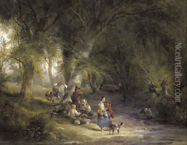 A gypsy encampment in a wooded landscape by a river, with several figures, donkeys and a dog in the foreground Oil Painting - William Joseph Shayer