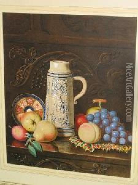 A Still Life Of Fruit And Beer Stein On A Table Top Oil Painting - Alexander Stanesby