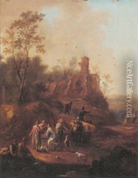 A Hilly Landscape With A Horse Drawn Wagon And Travellers Conversing On A Path Near A Ruin Oil Painting - Franz de Paula Ferg