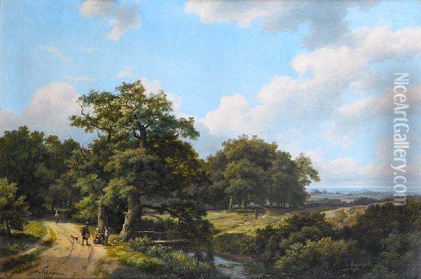 Wooded Landscape With Travellers On A Track Inthe Foreground Oil Painting - Marianus Adrianus Koekkoek
