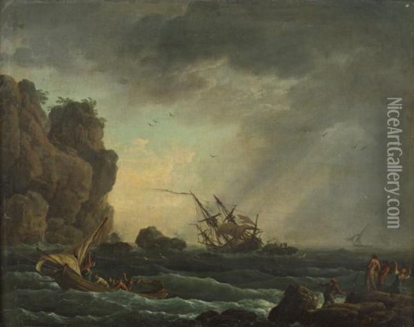 Rescapes En Barque Pres D'une Cotemediterraneenne Oil Painting - Jean Henry D'Arles