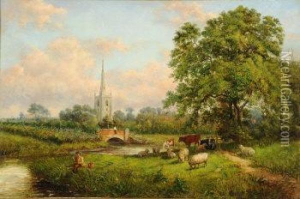 Repton Church From The River Trent Oil Painting - John Ii Holland