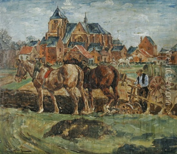 Bauer Beim Pflugen Mit Einem Pferdegespann, Im Hintergrund Eine Kirche Oil Painting - August Deusser