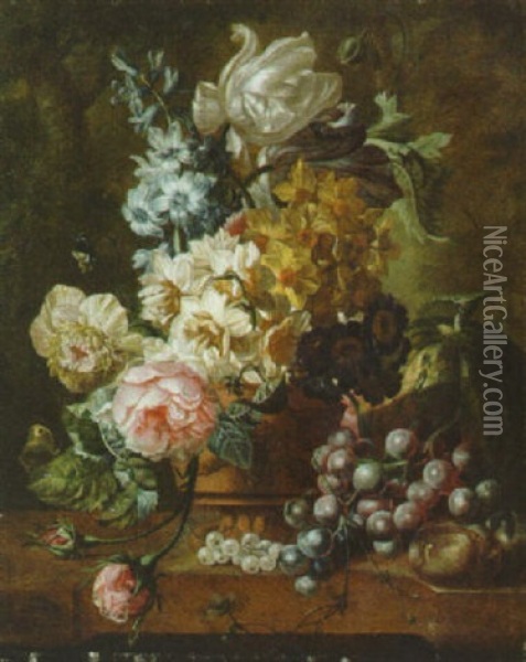 Roses, Tulips, And Other Flowers In A Vase With Fruit On A Marble Ledge Oil Painting - Paul Theodor van Bruessel