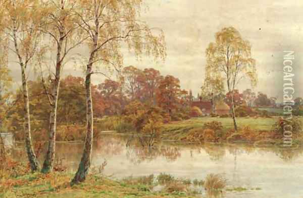 Silver birch trees beside a river with a cottage in the distance Oil Painting - Thomas H. Hunn