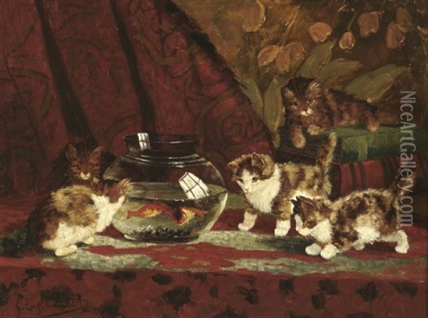 Spielende Katzchen Vor Einem Goldfischbecken Oil Painting - Louis Eugene Lambert