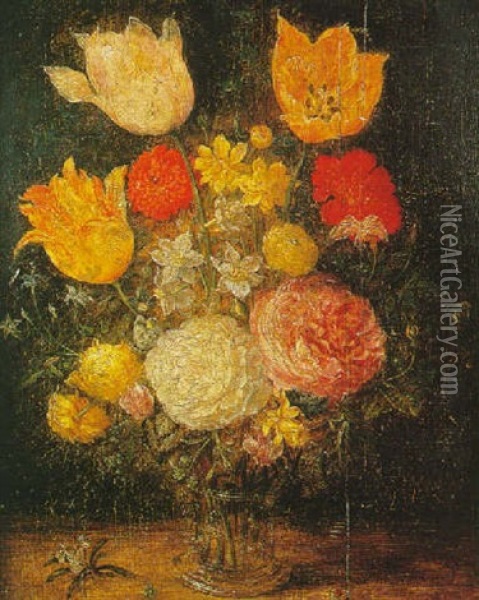 Nature Morte Au Bouquet De Fleurs Dans Un Vase En Verre Sur Un Entablement Oil Painting - Ambrosius Bosschaert the Elder