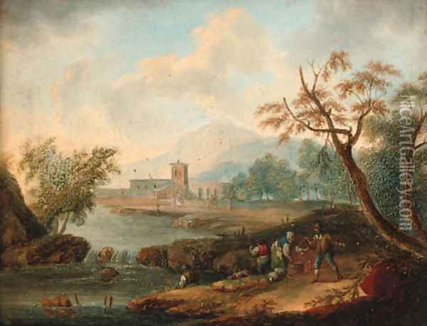 An extensive river landscape with anglers on a bank Oil Painting - Norbert Joseph Carl Grund
