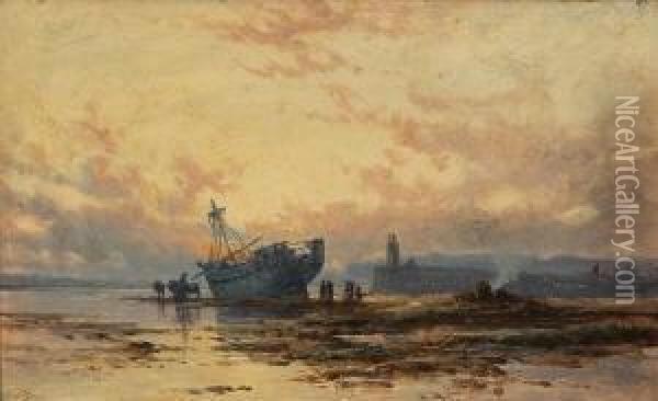 Schiffswrack Am Abendlichen Strand. Oil Painting - Henry Valter