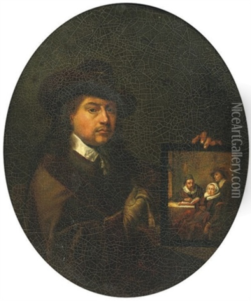 Portrait Of The Painter Holding A Family Portrait Oil Painting - Gerrit Dou