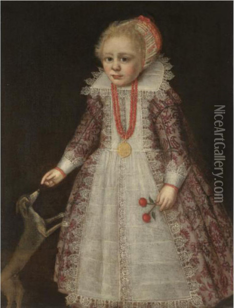 Portrait Of A Young Child, Full 
Length, Wearing A Pink Embroidered Dress, A Coral Necklace And Holding 
Two Cherries While Pointing To A Dog Oil Painting - Jan Anthonisz Van Ravesteyn