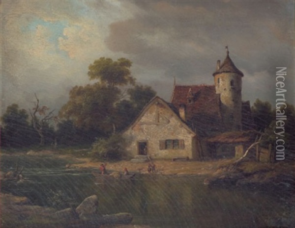 Fluslandschaft Mit Bauerngehoft Oil Painting - Heinrich Franz Gaudenz von Rustige