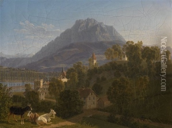 Ansicht Von Luzern, Im Hintergrund Der Pilatus Oil Painting - Johann Jakob Biedermann