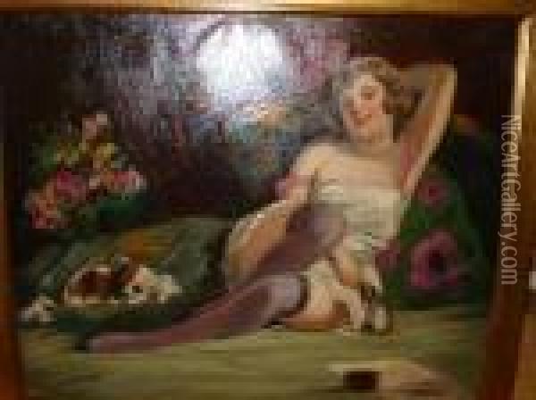 Lady Reclining With King Charles Spaniel Oil Painting - Richard Geiger