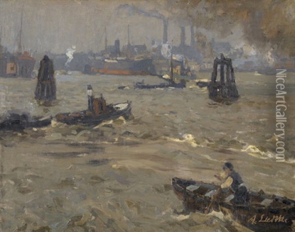 Industriehafen Mit Booten Und Dampfschiffen (+ Studie Zu Einem Gehoft Mit Baumen, Verso) Oil Painting - Alfred Liedtke