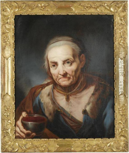 A Tronie Of An Elderly Lady Holding A Bowl Oil Painting - Giuseppe Nogari