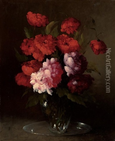 Peonies And Poppies In A Glass Vase Oil Painting - Germain Theodore Ribot