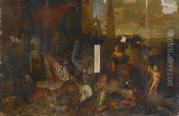 A Palace Interior With Flags, Shields, Drums And Other Militaria Oil Painting - Jan van Kessel