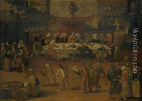 The Wedding Feast Oil Painting - Marten van Cleve the Elder