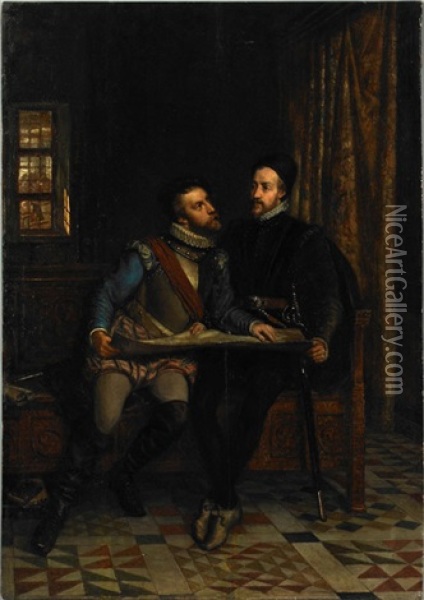 Portrait Of Wilhelm V. Oraunien D. Schweiger Und Moritz U Nassau Sich Berathen Oil Painting - Friedrich August Fraustadt