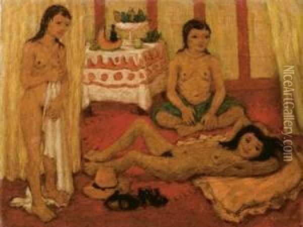 Donne Nell'alcova (donne Nude) - 1941 Oil Painting - Arnaldo Badodi