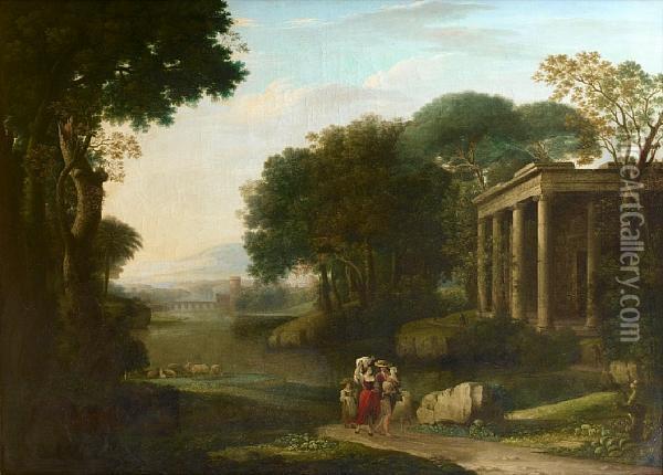Shepherd And Shepherdesses In An
 Italianate Landscape, With Ruins And A Walled City In The Distance Oil Painting - Jacob Philipp Hackert