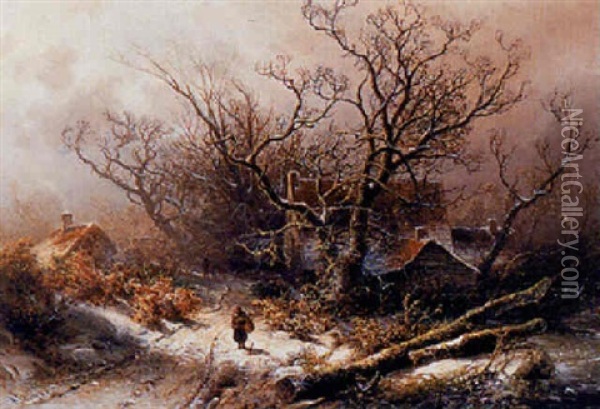 Figures On A Snowy Country Road Oil Painting - Pieter Lodewijk Francisco Kluyver