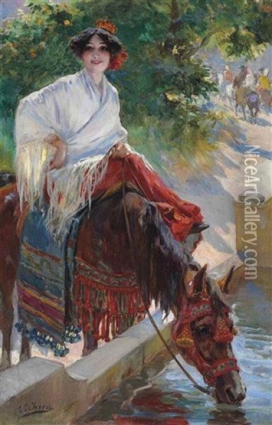 Watering The Horse Oil Painting - Ulpiano Checa Sanz