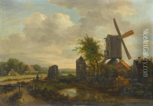 Dutch Landscape With A Windmill Oil Painting - Pieter Lodewijk Francisco Kluyver