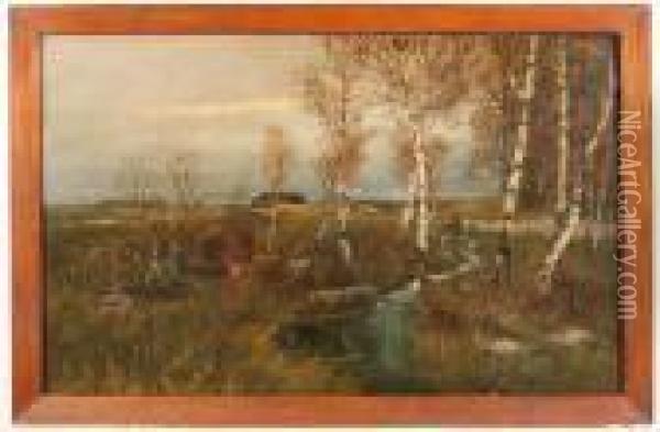 Herbstliche Landschaftmit Bachlauf Unter Birken Oil Painting - Johann Jungblutt