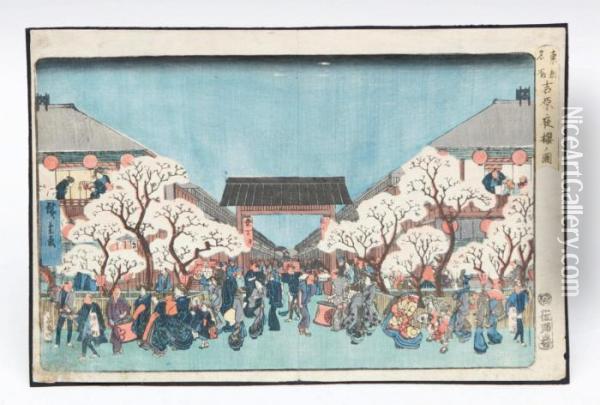 Yoshiwara Yozakura Oil Painting - Utagawa or Ando Hiroshige
