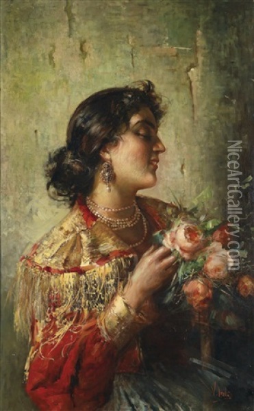 Dame Mit Rosenbouquet Oil Painting - Vincenzo Irolli