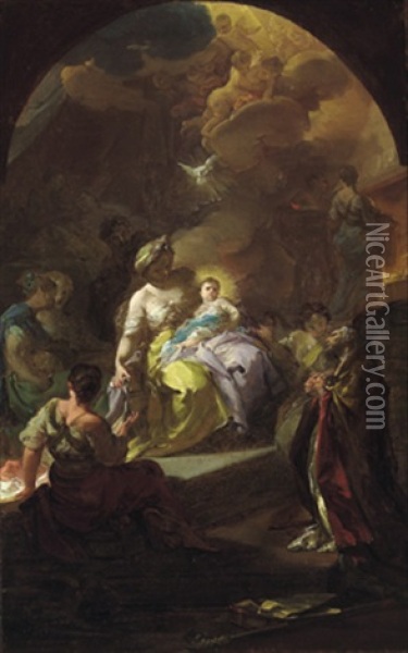 La Nascita Della Vergine Con Il Santo Manzio: Die Geburt Mariens Mit Dem Heiligen Mantius Oil Painting - Corrado Giaquinto