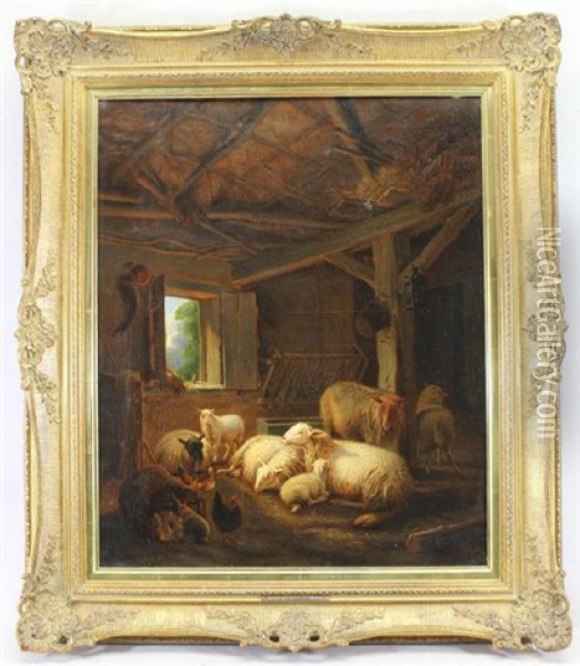Sheep In A Stable Oil Painting - Joseph van Diegham
